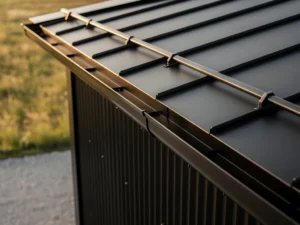 a close up of a black metal roof